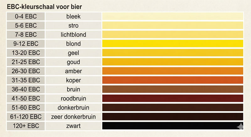 De EBC-schaal voor bier, van 0 (bleek) tot 120+ (zwart)